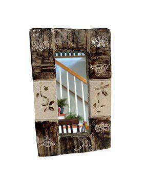 Handcrafted Ceramic Rectangular Wall Mirror With Nature-Inspired Brown & Beige T